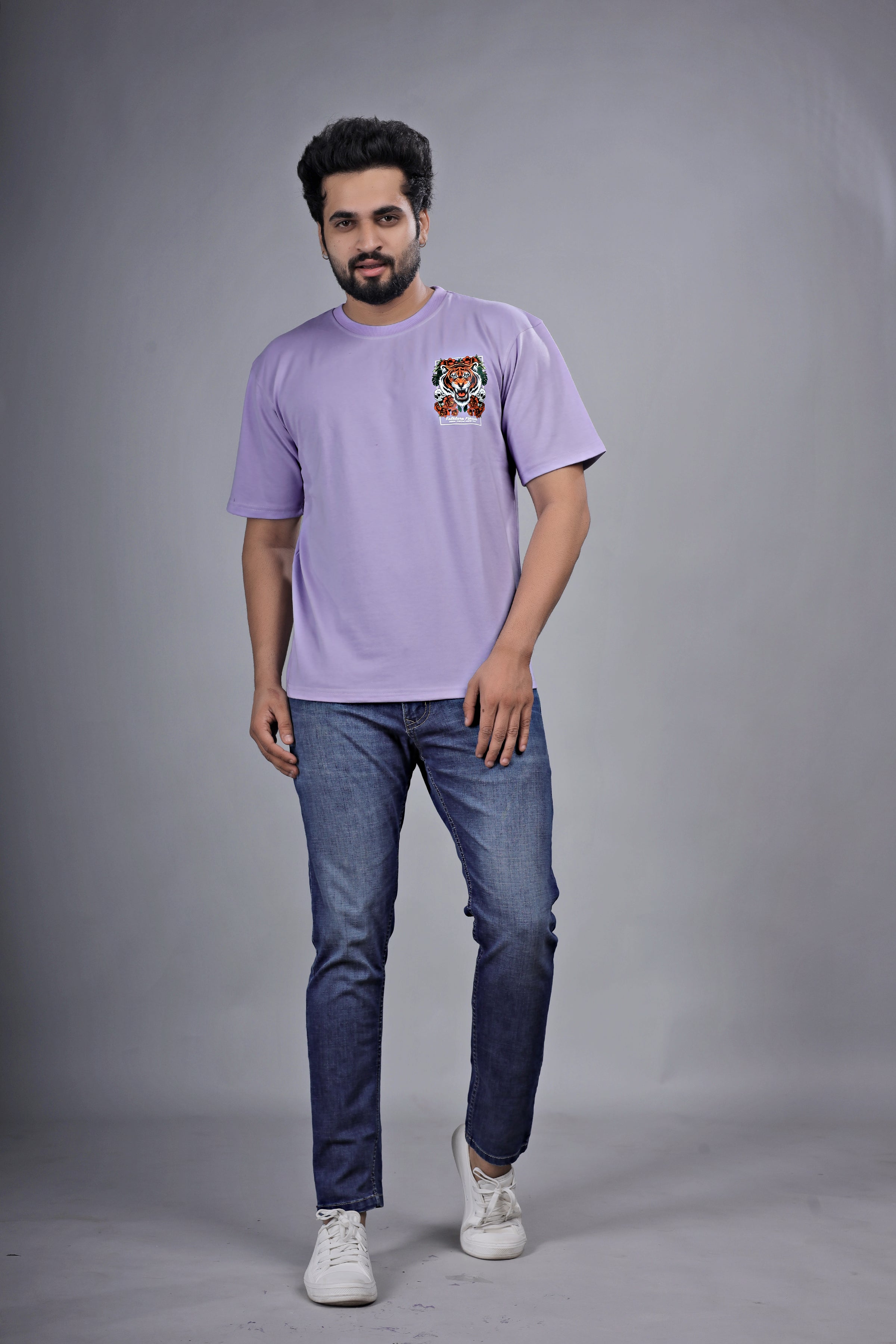 Kalio Lavender Oversize Tee - 'Tiger & Roses' Graphic Print | Drop Shoulder Streetwear