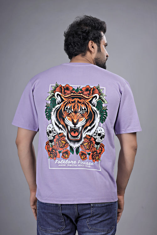 Kalio Lavender Oversize Tee - 'Tiger & Roses' Graphic Print | Drop Shoulder Streetwear