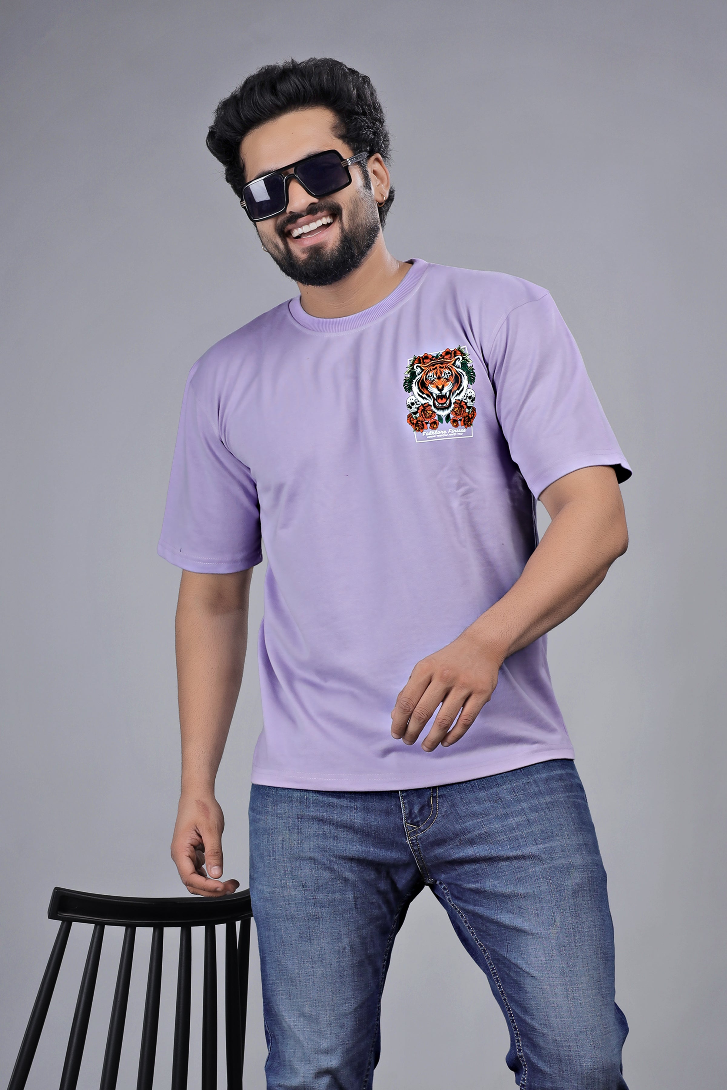 Kalio Lavender Oversize Tee - 'Tiger & Roses' Graphic Print | Drop Shoulder Streetwear