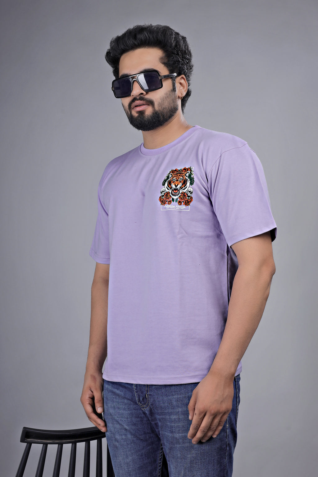 Kalio Lavender Oversize Tee - 'Tiger & Roses' Graphic Print | Drop Shoulder Streetwear