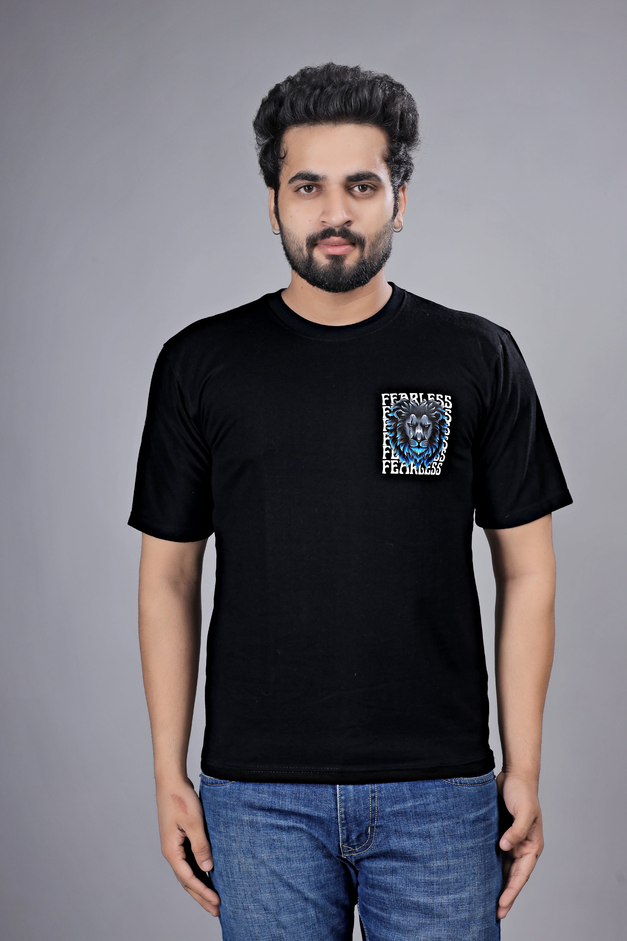 Kalio Black 'FEARLESS Lion' T-Shirt - Men's Regular Fit Motivational Graphic Tee