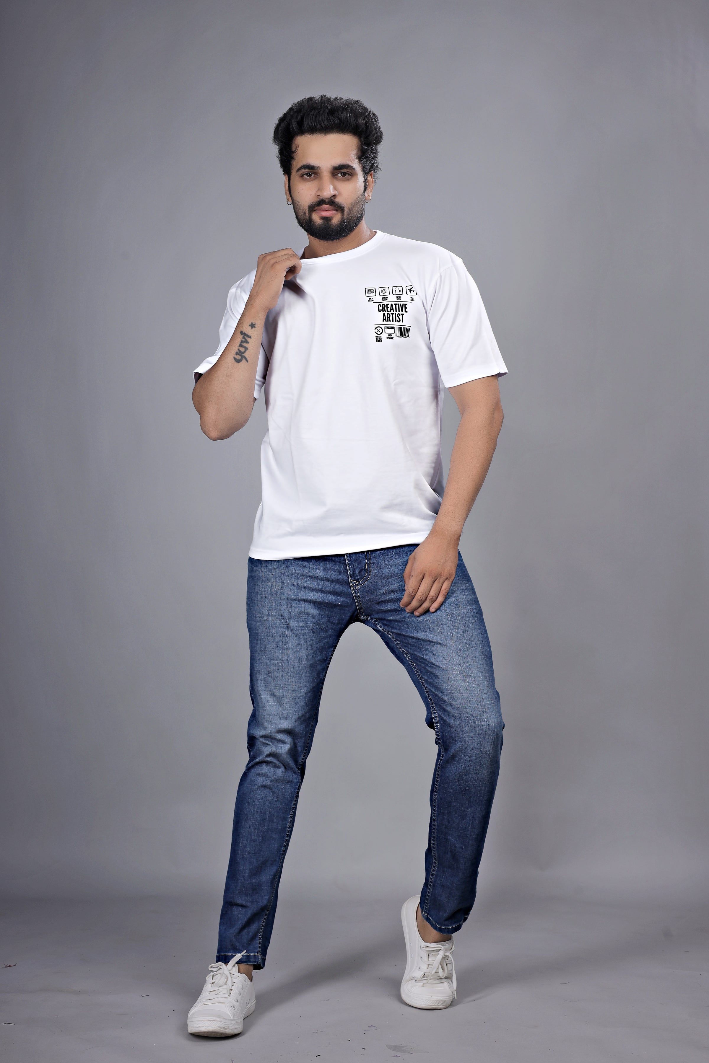 Kalio White Oversize T-Shirt for Men - 'Creative Artist' Graphic Print | Drop Shoulder Loose Fit Streetwear