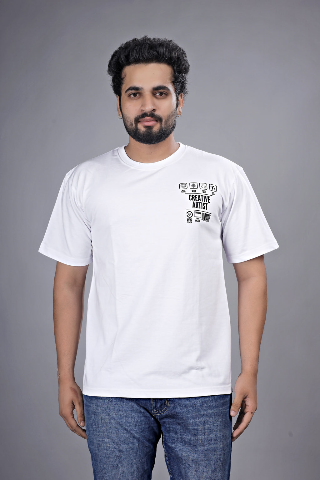 Kalio White Oversize T-Shirt for Men - 'Creative Artist' Graphic Print | Drop Shoulder Loose Fit Streetwear