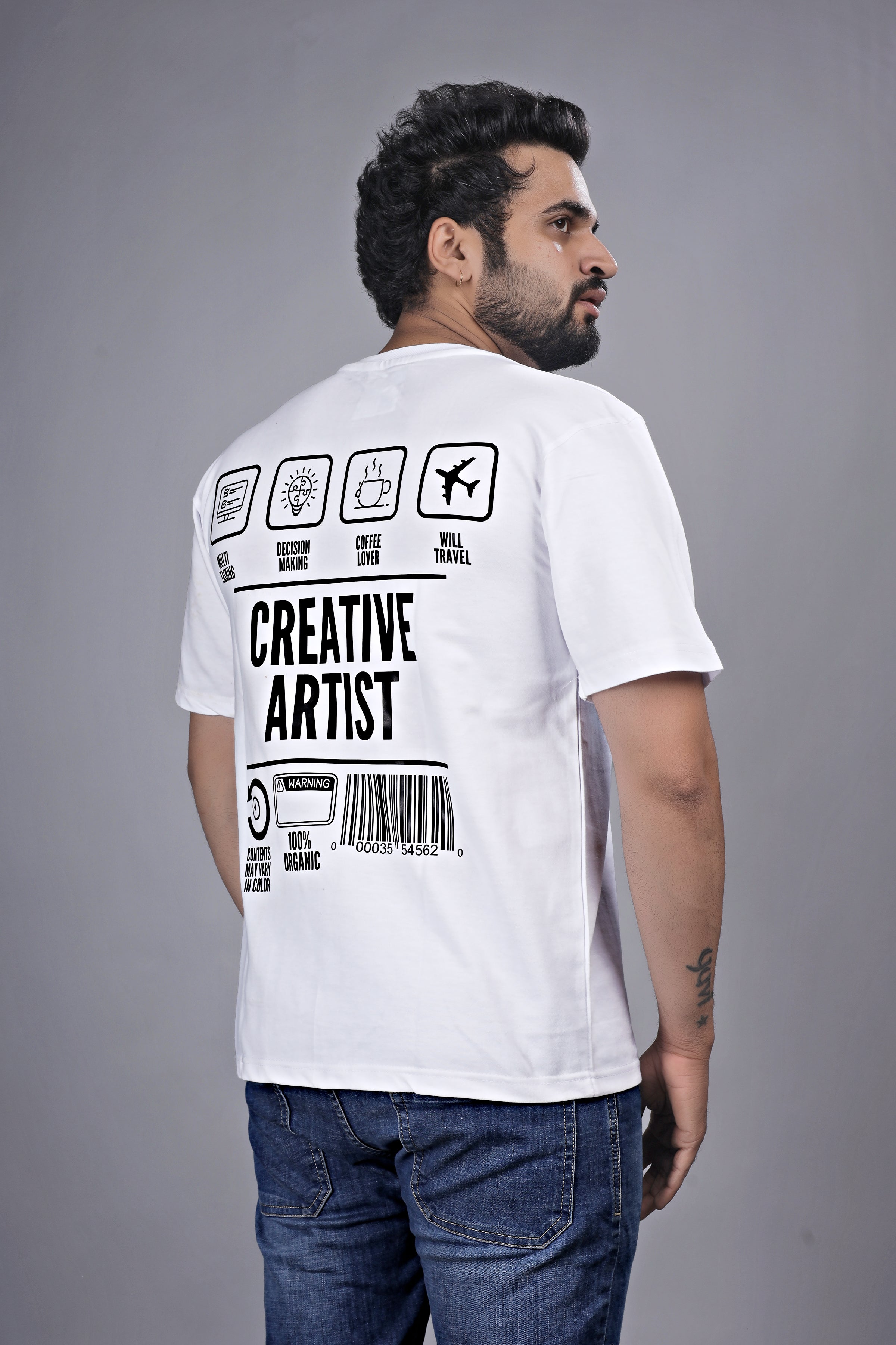 Kalio White Oversize T-Shirt for Men - 'Creative Artist' Graphic Print | Drop Shoulder Loose Fit Streetwear